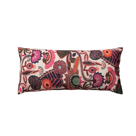 Hello Honey® Multicolor Floral Embroidered Cotton Slub Lumbar Pillow with Chambray Back